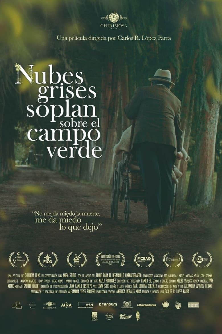 Nubes grises soplan sobre el campo verde poster image